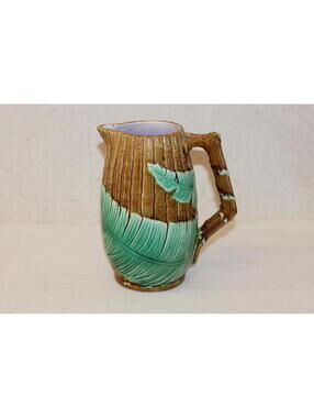 Vintage Wardle & Co Majolica Bamboo Pattern Pitcher Jug Green Brown Leaf Handle